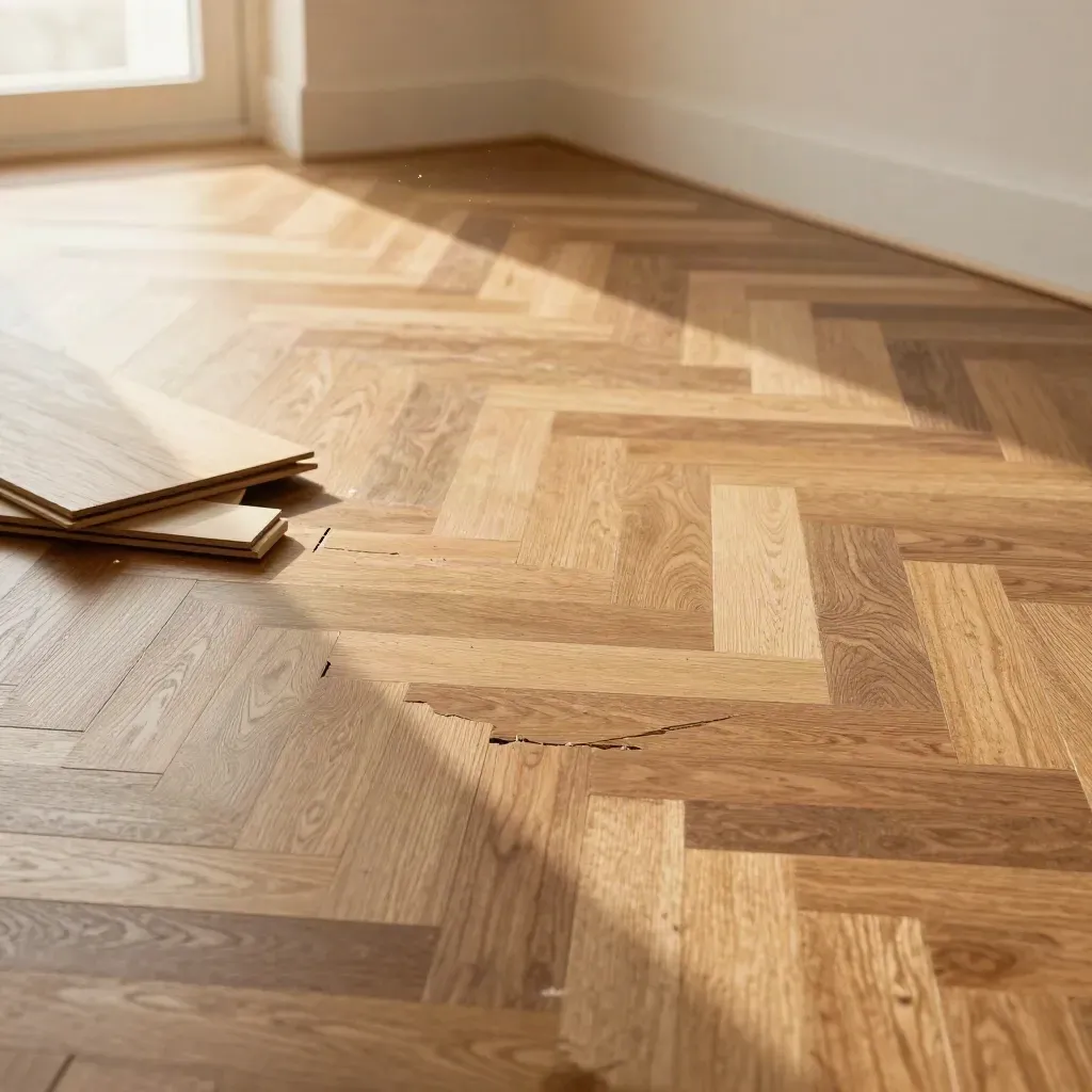 Parche de parquet de roble reparado con tablas apiladas y bloque de relleno en obra.