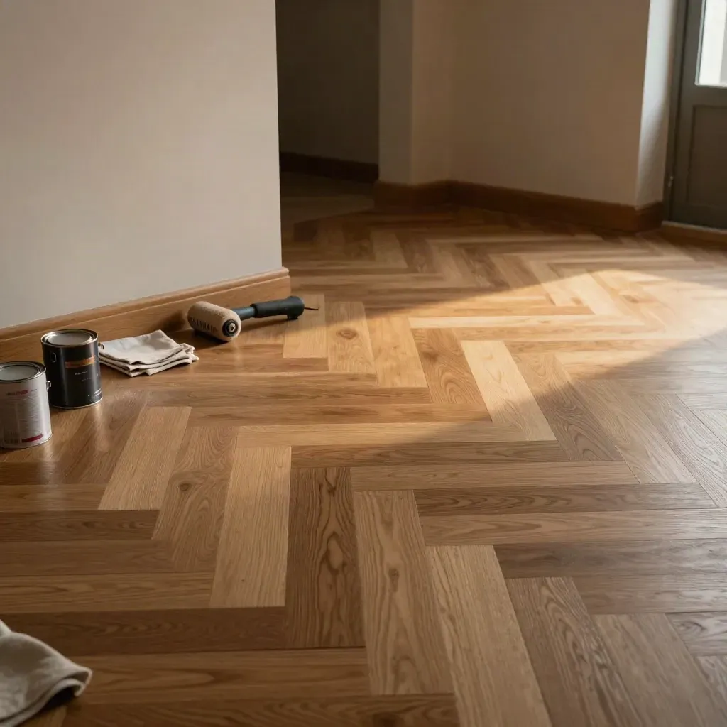 Salón madrileño vacío con parquet en espiga, zócalos apilados y latas de barniz al atardecer.