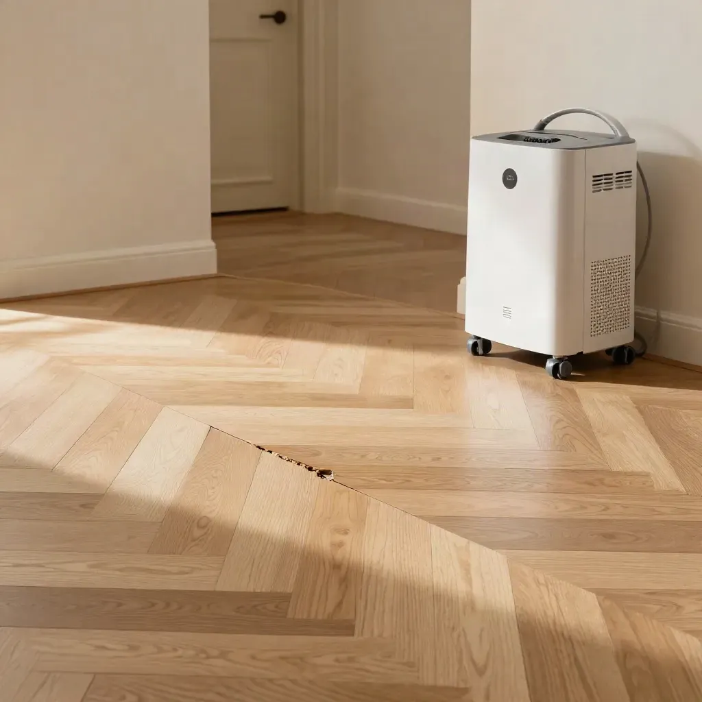 Suelo de parquet reparado tras daños por agua con deshumidificador al lado en una estancia luminosa.