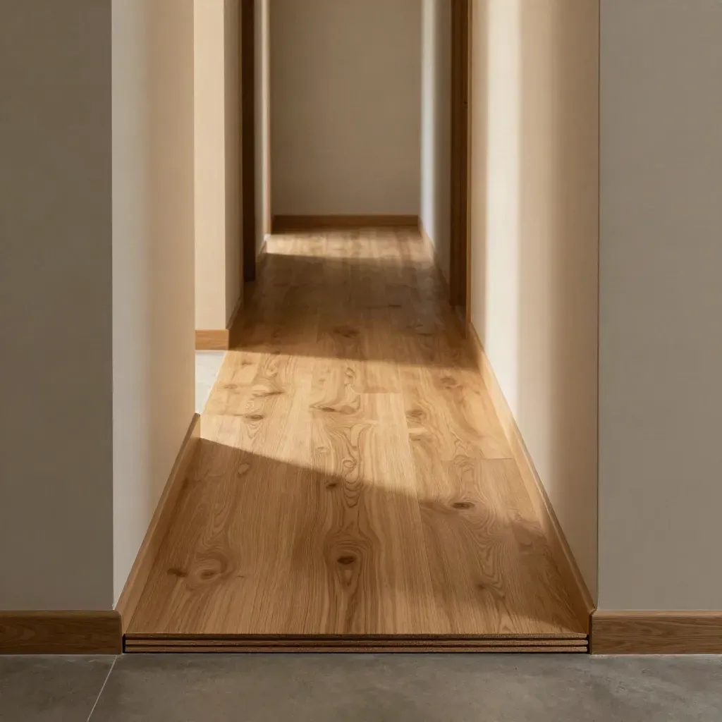 Pasillo con suelo laminado y zócalos impecables, con cortes limpios en puertas y esquinas.
