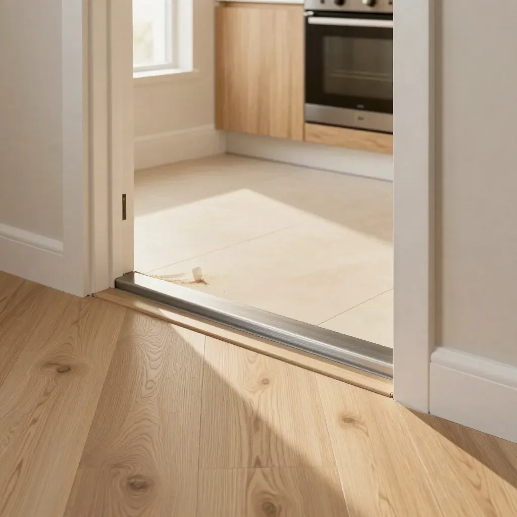 Suelo laminado nuevo en piso alquilado, con zócalos blancos y paso limpio a la cocina.