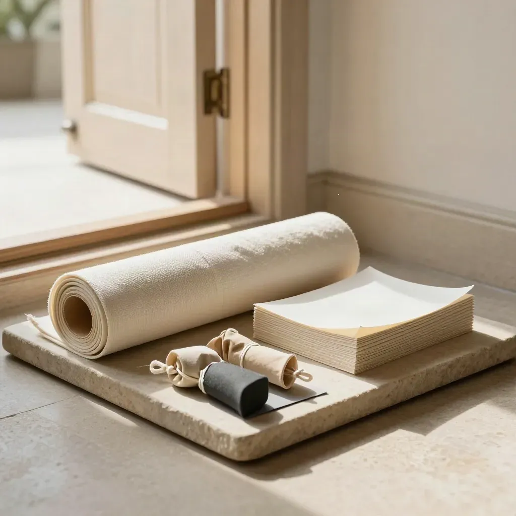 Kit de protección para parquet junto a una puerta, en luz suave y tonos neutros.