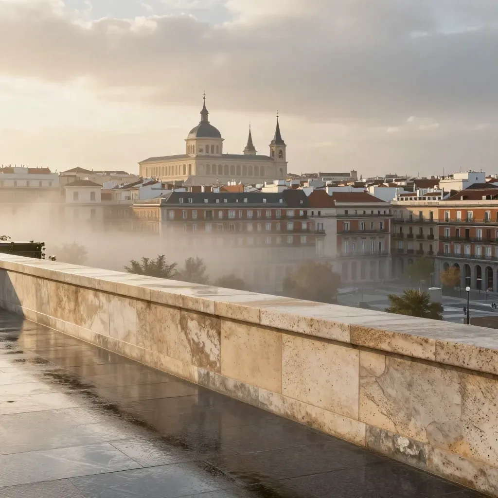 Vista panorámica de Madrid desde una terraza alta, con bruma cálida y cielo nublado tras la lluvia.