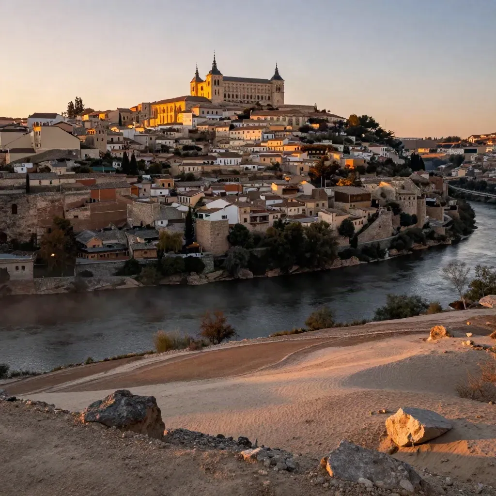 Toledo al atardecer sobre el Tajo, con la ciudad alta y el río en sombra